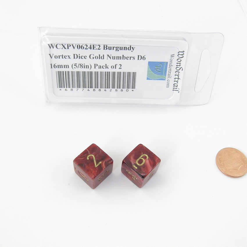 WCXPV0624E2 Burgundy Vortex Dice Gold Numbers D6 16mm (5/8in) Pack of 2