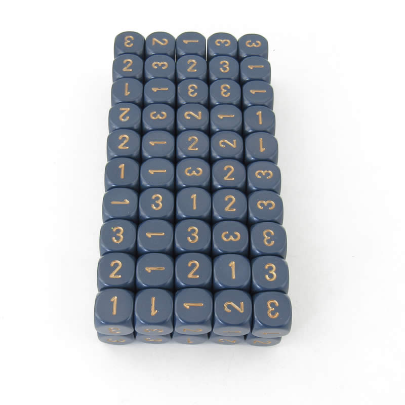 WCXXQ0326B1 Dusty Blue Dice Gold Numbers D3 (d6 1-3 Twice) 16mm Pack Of 100