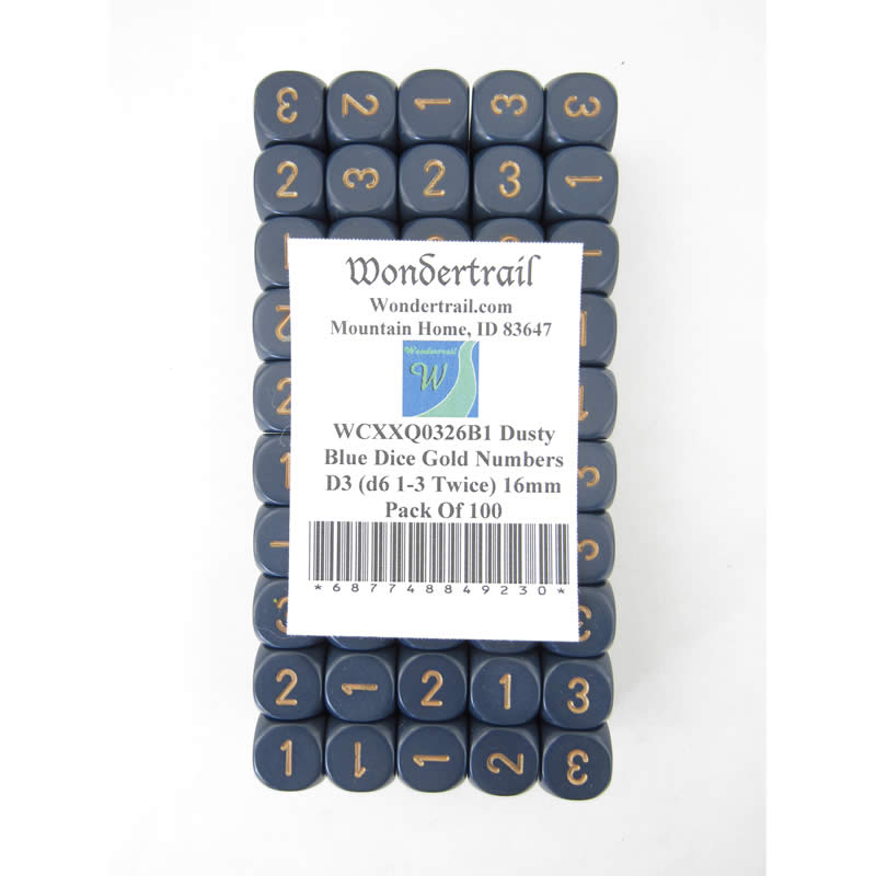 WCXXQ0326B1 Dusty Blue Dice Gold Numbers D3 (d6 1-3 Twice) 16mm Pack Of 100