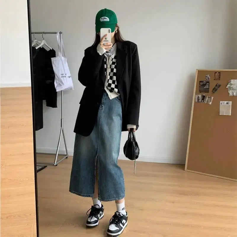 Skirts Women Denim Front-slit Casual High Street A-line Empire Korean Style Retro Basic Mid-calf Mujer Aesthetic Elegant Faldas