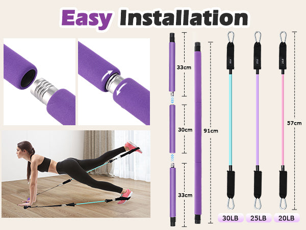 Zacro Pilates Bar Kit with Resistance Bands, 3-Section Pilates Bar