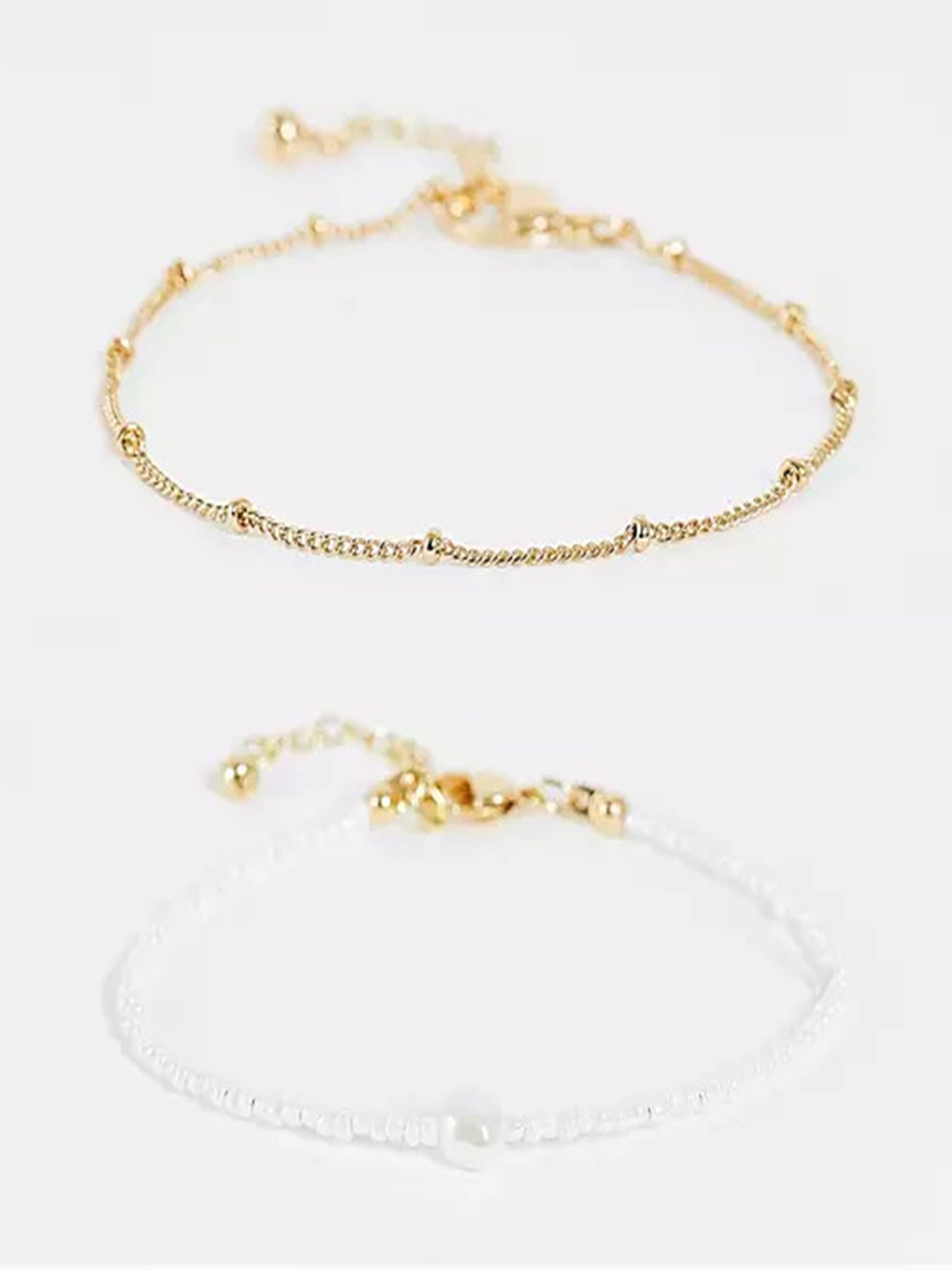 Curve Bracelet With Micro Faux Pearl And Dot Dash Chain In Gold Tone