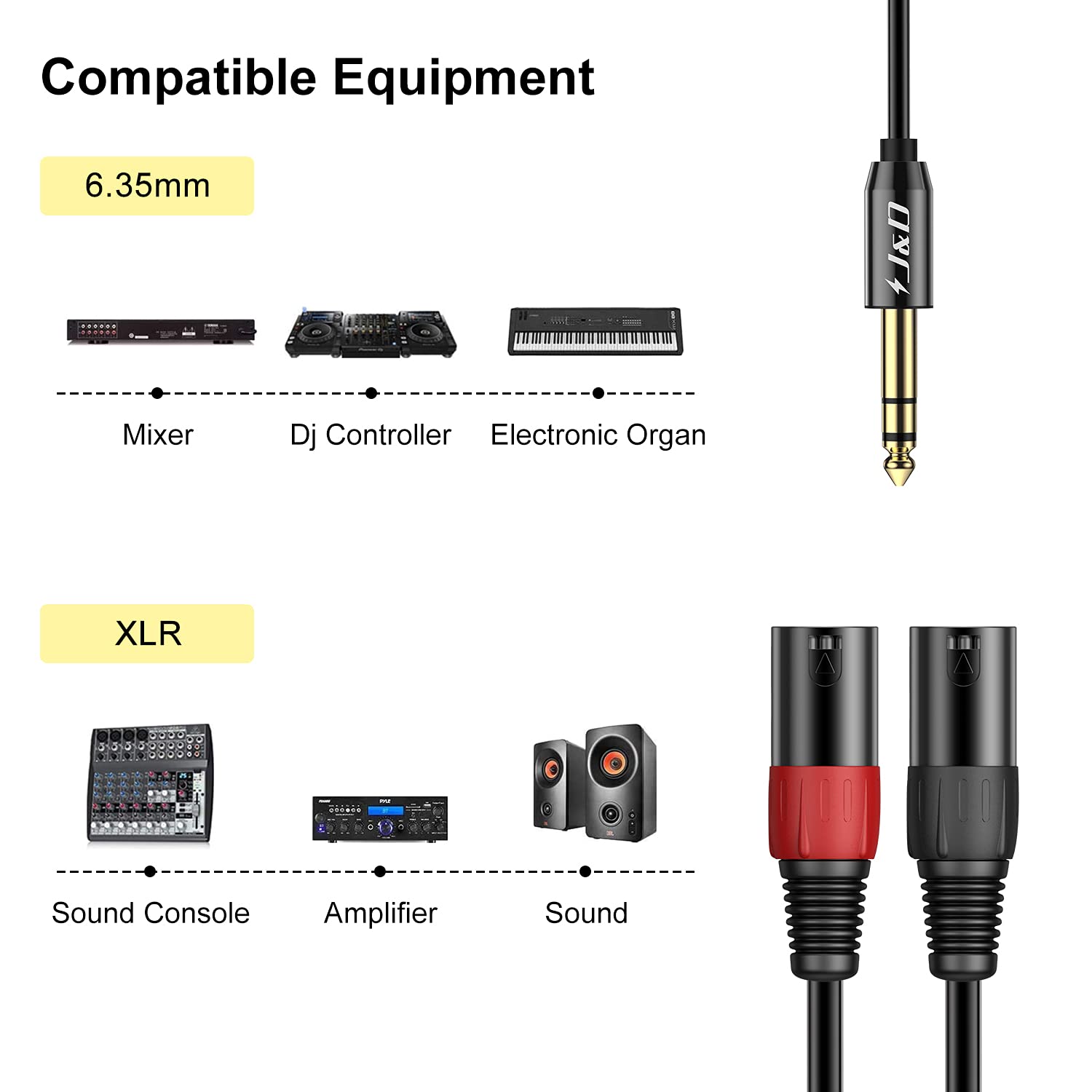 2 XLR Male to 6.35 mm 1/4 inch TRS Male Unbalanced Stereo Audio Cable