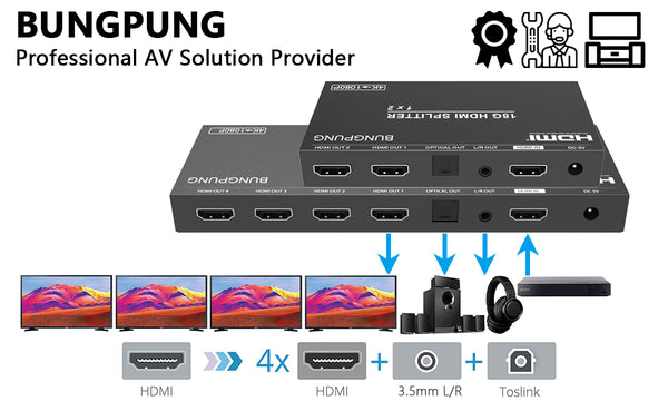 4K HDMI Splitter 1 in 4 out Audio Extractor connection-BUNGPUNG