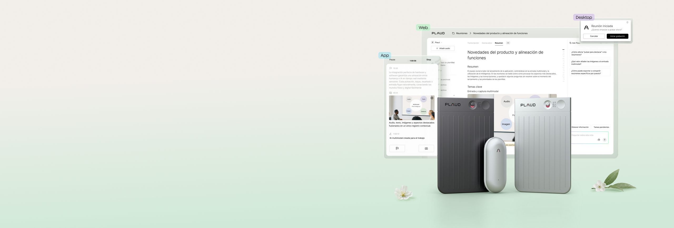 Plaud Note Pro gris oscuro y plata, y Plaud NotePin blanco, junto a las interfaces Plaud Web, App y Desktop.