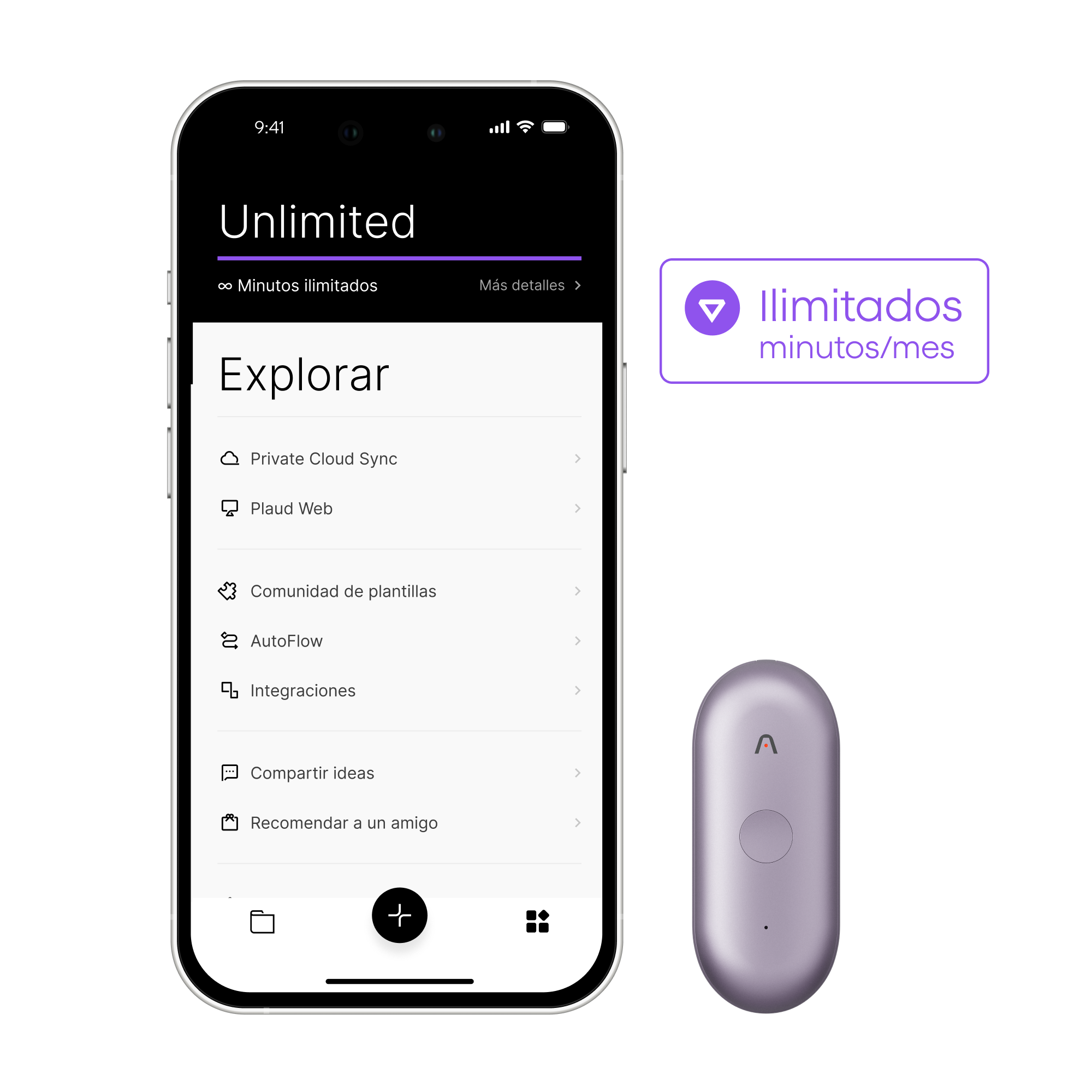 Interfaz de la Plaud App en un teléfono mostrando el plan Unlimited y un Plaud NotePin S lavanda.