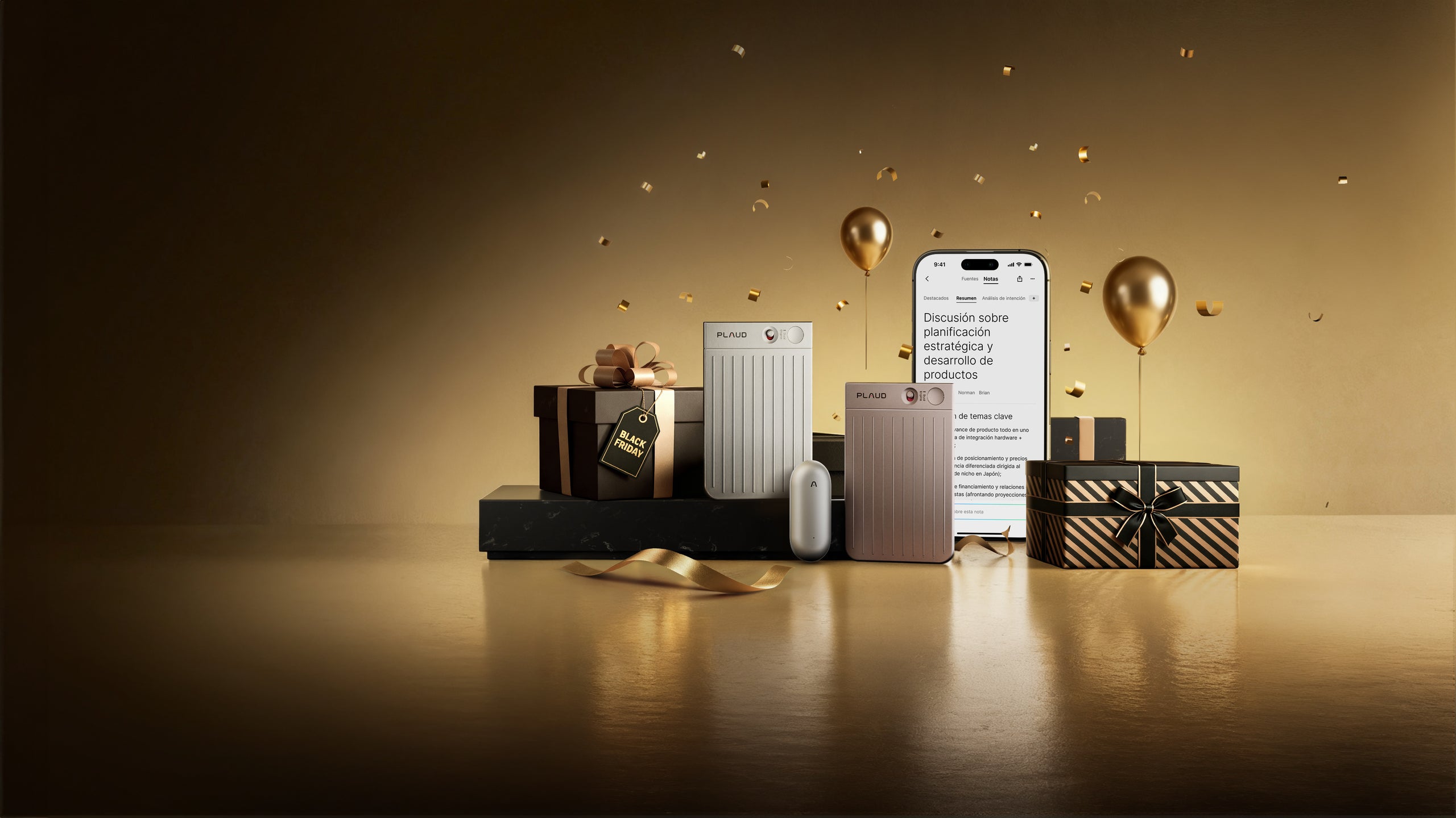 Plaud Note Pro, NotePin y app en un entorno festivo dorado con regalos y globos, celebrando Black Friday.