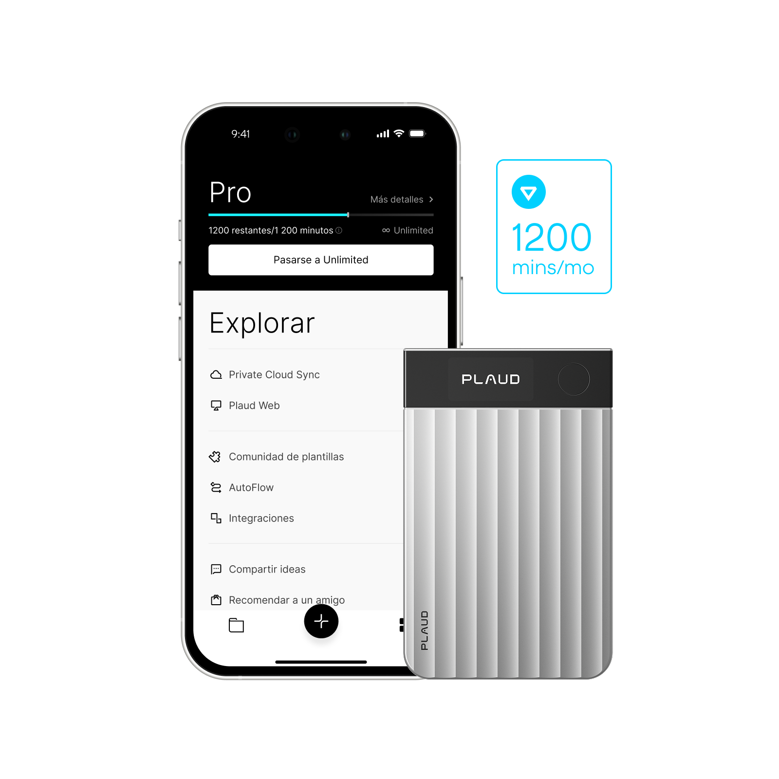 Plaud Note Pro plateado y la Plaud App en un teléfono, mostrando el plan Pro con 1200 minutos mensuales.
