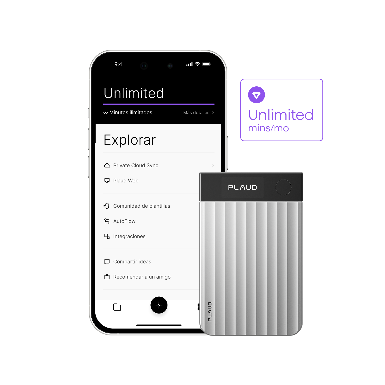 Plaud Note Pro plateado y Plaud App con plan Unlimited, mostrando opciones como Private Cloud Sync.
