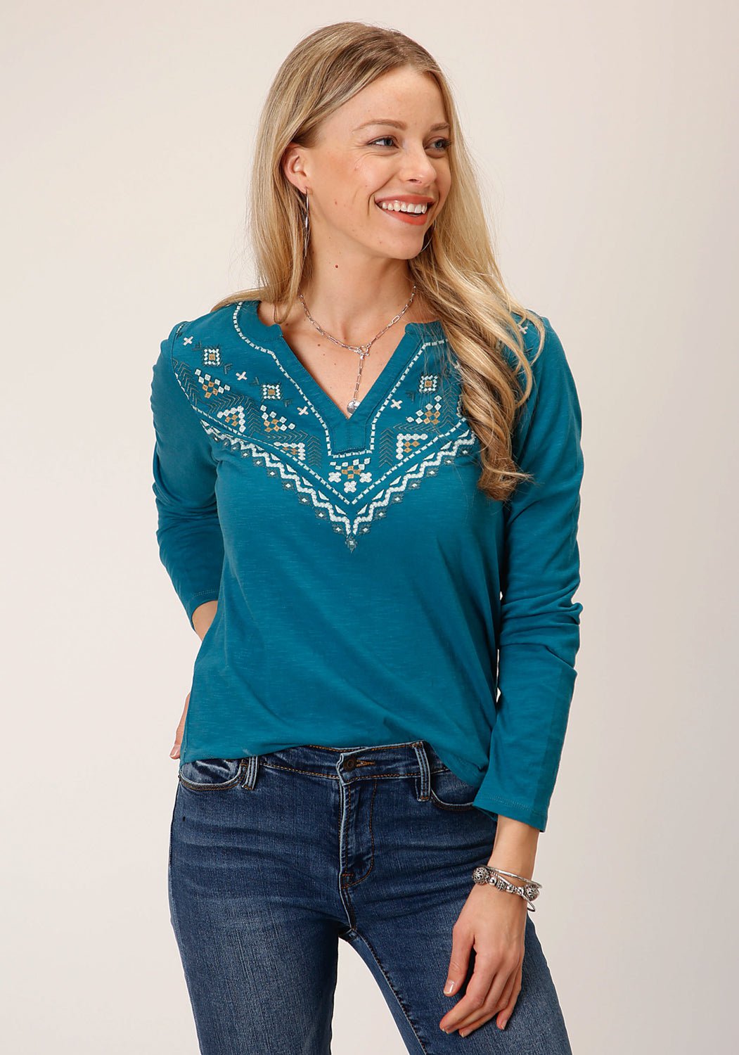 Roper Womens Geometric Yoke Teal 100% Cotton L/S T-Shirt