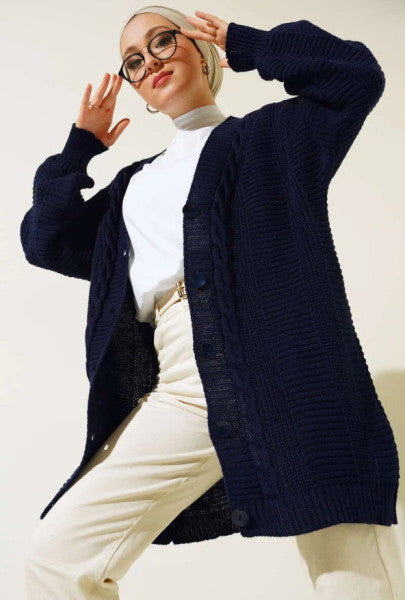Buttoned Front Knitted Cardigan Navy Blue