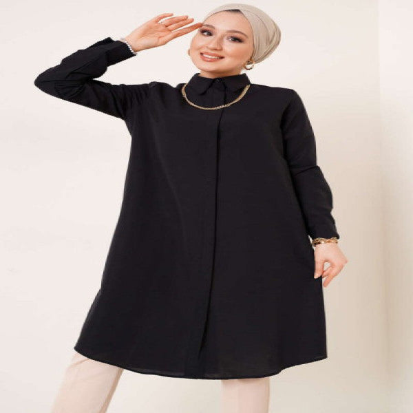 Long Model Classic Collar Black Tunic