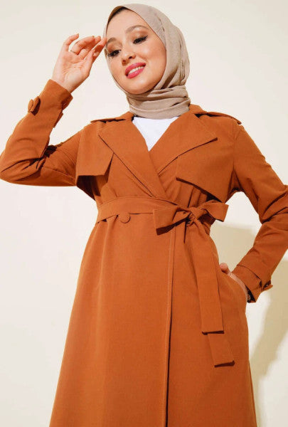 Belted Two-Button Long Trench Tan