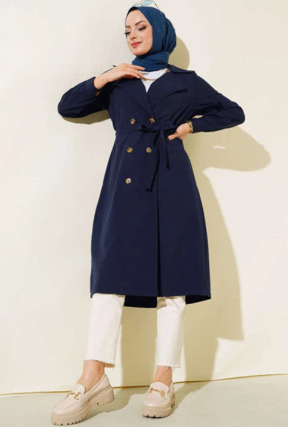 Waist Belted Buttoned Trench Coat Navy Blue