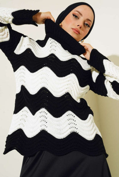 Turtleneck Wavy Pattern Knitwear Sweater Black Ecru