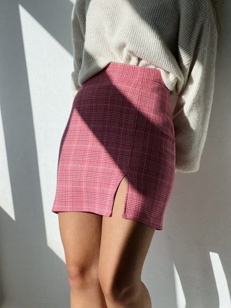 Retrobird Woven Plaid Fabric Mini Slit Skirt Women Pink