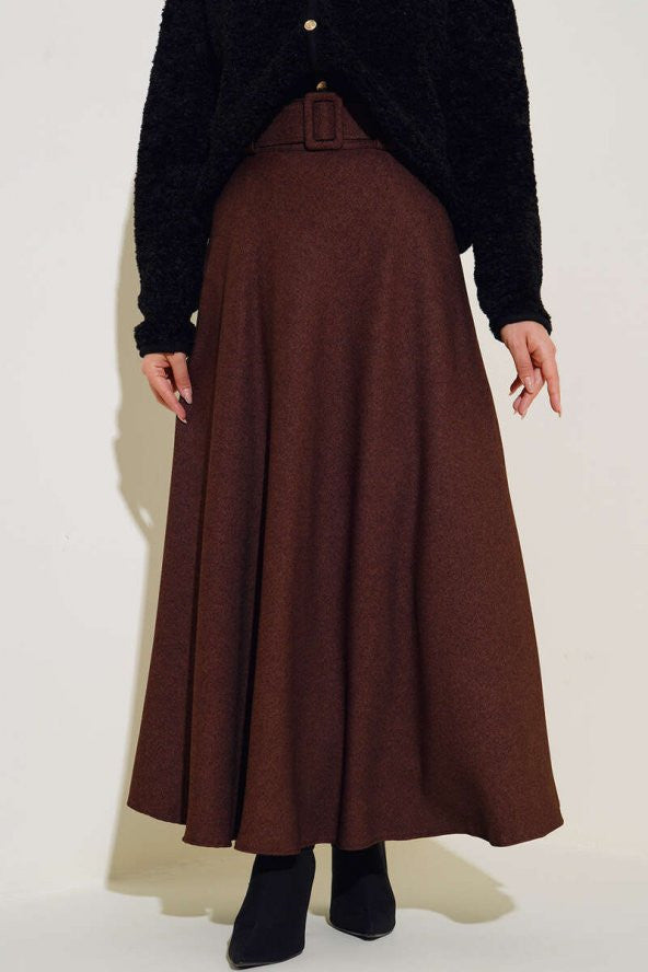 Belted Flared Skirt Brown