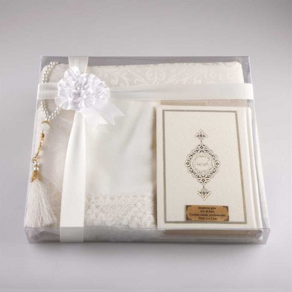 Shawl + Prayer Mat + Prayer Beads + Quran Gift Set (Bag Size, White)