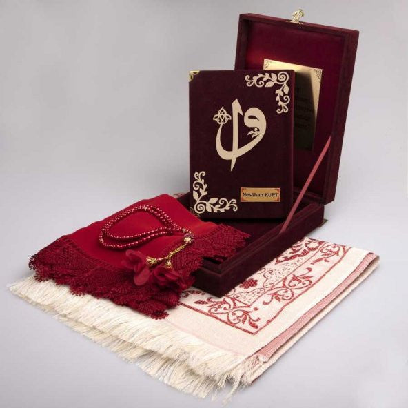 Shawl + Prayer Rug + Prayer Beads + Quran Set (Hafiz Size, Plaque Box, Claret Red)