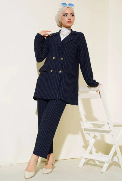 Jacketed Striped Double Suit Navy Blue