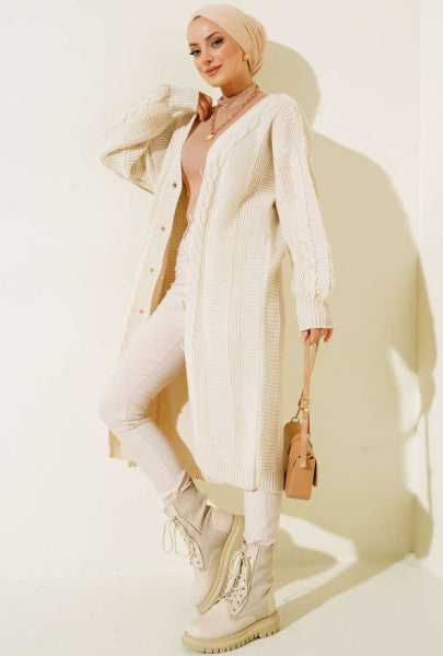 Buttoned Long Knitted Knitwear Cardigan Beige