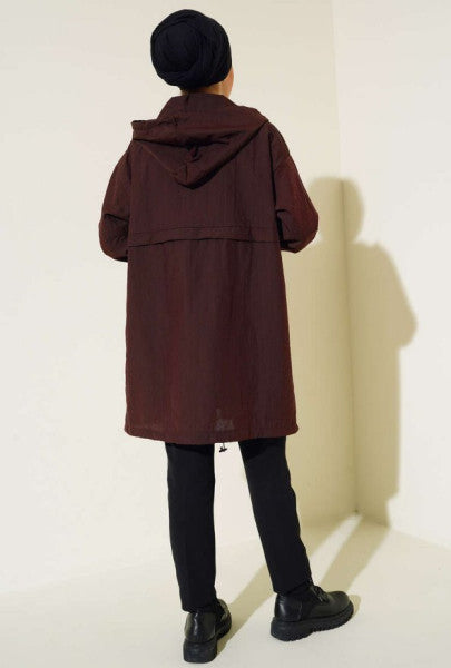 Hooded Zippered Raincoat Brown