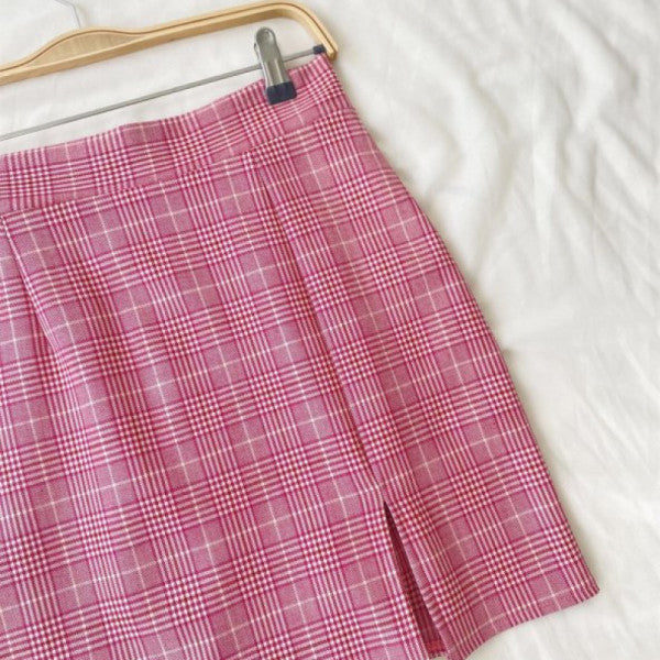 Retrobird Woven Plaid Fabric Mini Slit Skirt Women Pink