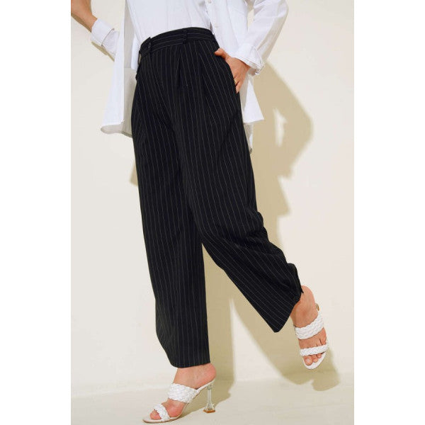 Belt Unlined Striped Trousers Black