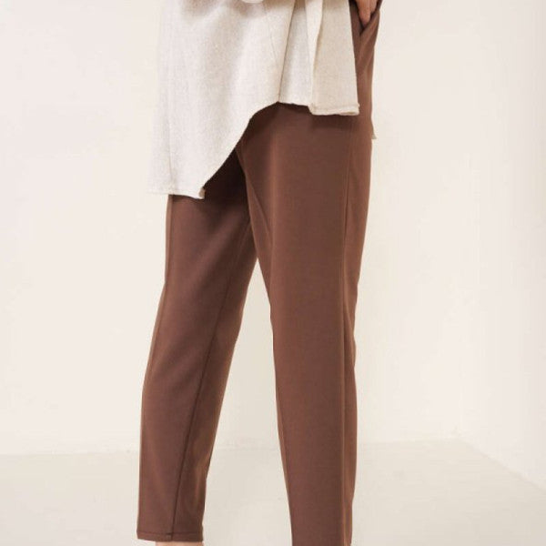 Rope Detailed Slim-Leg Chestnut Trousers with Elastic Waist