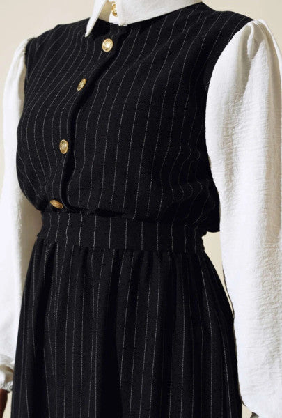 Striped Shirt Garnished Dress Black