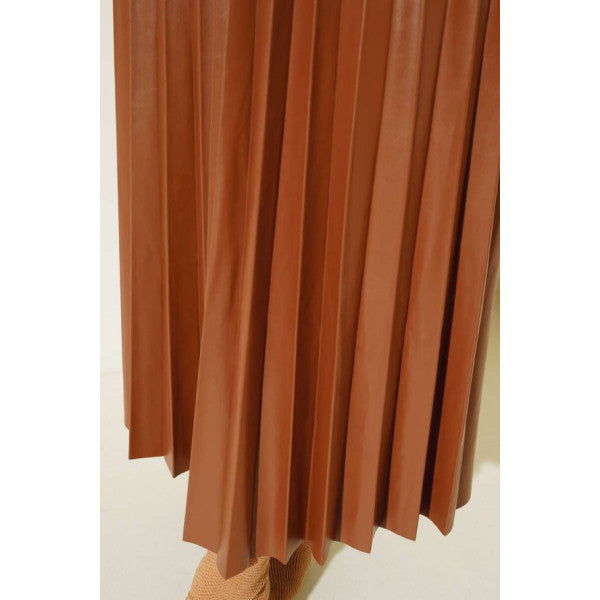 Pleated Leather Look Skirt Tan