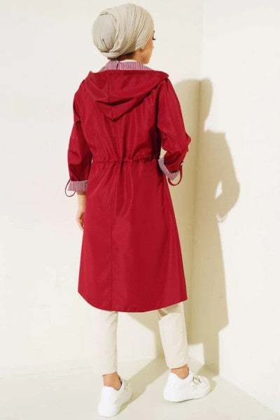 Inside Striped Trench Coat Claret Red