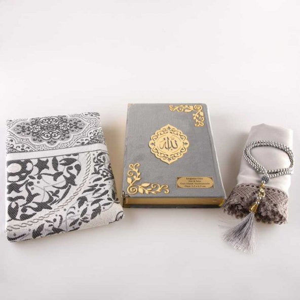 Shawl + Prayer Rug + Prayer Beads + Quran Gift Set (Medium Size, Velvet, Grey)