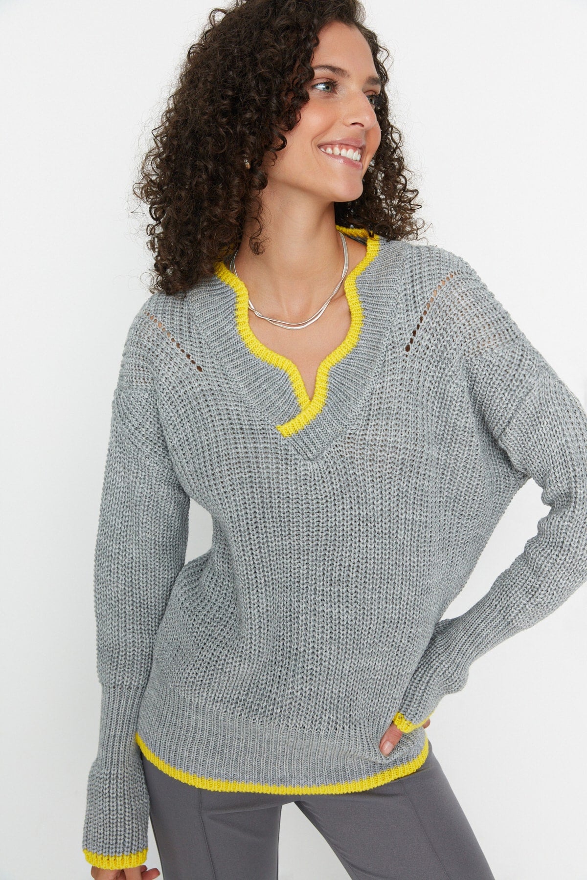 Trendyolmilla Petrol Color Block Knitwear Sweater Twoaw23Kz00419