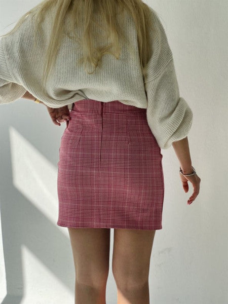 Retrobird Woven Plaid Fabric Mini Slit Skirt Women Pink