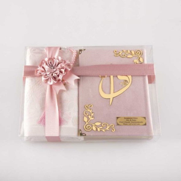 Prayer Mat + Prayer Beads + Quran Gift Set (Bag Size, Velvet, Powder Pink)