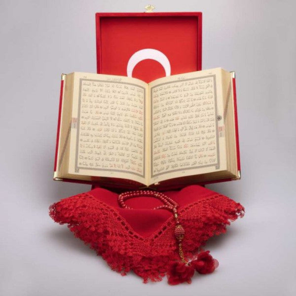 Shawl + Prayer Rug + Prayer Beads + Quran Set (Bag, Plaque Box, Red)