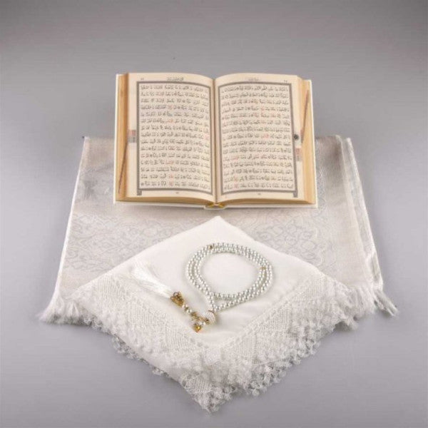 Shawl + Prayer Mat + Prayer Beads + Quran Gift Set (Bag Size, White)