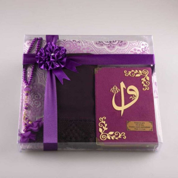 Shawl + Prayer Rug + Prayer Beads + Quran Gift Set (Bag Size, Velvet, Purple)