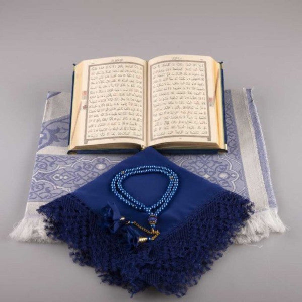 Shawl + Prayer Rug + Prayer Beads + Quran Gift Set (Bag Size, Velvet, Navy Blue)