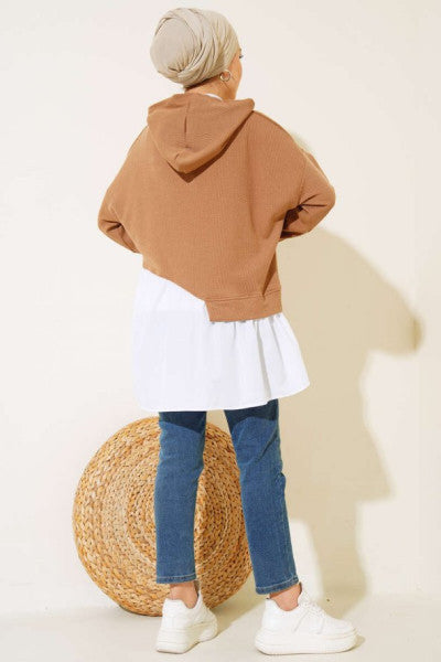 Hooded Shirt Garnished Tunic Camel