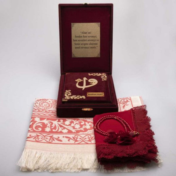 Shawl + Prayer Rug + Prayer Beads + Quran Set (Hafiz Size, Plaque Box, Claret Red)