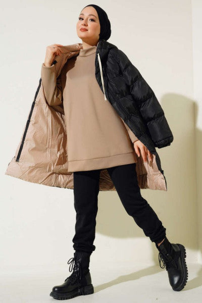 Zippered Puffer Coat with Snap Buttons Black Beige