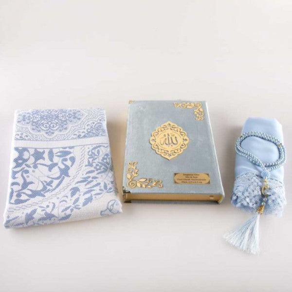 Shawl + Prayer Rug + Prayer Beads + Quran Set (Hafiz Size, Velvet, Light Blue)