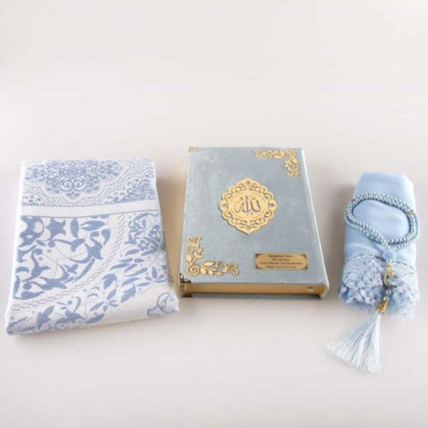 Shawl + Prayer Rug + Prayer Beads + Quran Set (Medium Size, Velvet, Light Blue)