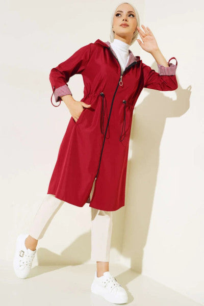 Inside Striped Trench Coat Claret Red