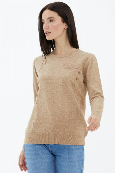 Crew Neck Pocket Buttoned Knitwear Sweater - Beige