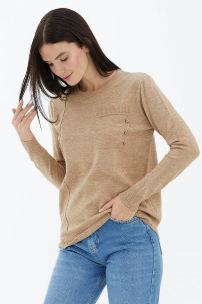 Crew Neck Pocket Buttoned Knitwear Sweater - Beige