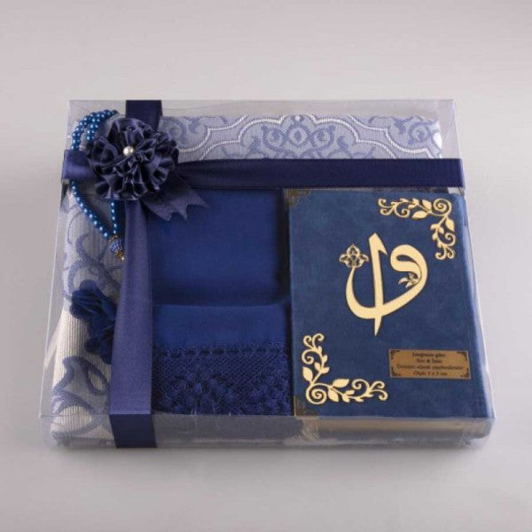 Shawl + Prayer Rug + Prayer Beads + Quran Gift Set (Bag Size, Velvet, Navy Blue)
