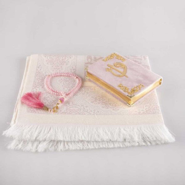 Prayer Mat + Prayer Beads + Quran Gift Set (Bag Size, Velvet, Powder Pink)